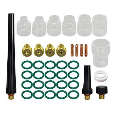 Imagem de RIVERWELD Corpo da pinça de lente de gás TIG 13N21 45V42 (0,40" e 1 mm) 13N22 45V43 (1/16" e 1,6mm) 45V44 13N23 (3/32" e 2,4 mm) 45V45 13N24 (12-1/8" e 3,2 mm) Copo de vidro #4 ~ #12 WP 9 20 25 TIG tocha de solda 39 peças