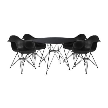 Imagem de Mesa Sala de Jantar Eames Eiffel Redonda 90cm Preta com 4 Poltronas Pretas Ferro Preto