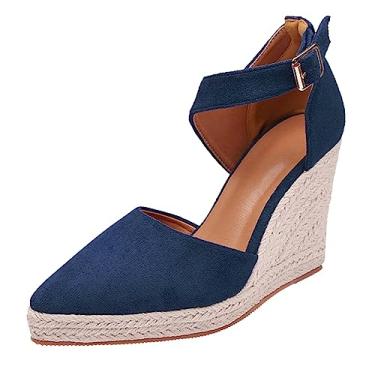 Imagem de Sandálias de plataforma para mulheres bico fino alpargatas sapatos de pescador sapatos femininos novo verão 2022 palha de linho tecida com sapatos de salto alto escarpim sapatos femininos (azul, 35)