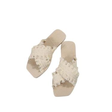 Imagem de Verdusa Sandálias rasas femininas com acabamento cru, bico aberto, sandálias deslizantes de verão, Bege, 6.5