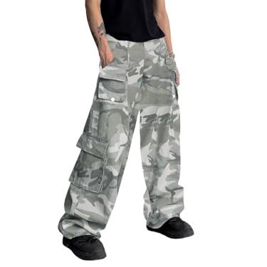 Imagem de OYOANGLE Calças de moletom masculinas com bolsos, calças cargo de perna larga, calças soltas de moletom urbano, Estampa cinza, G
