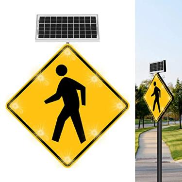 Imagem de Sinal de atravessamento de pedestre solar de 61 cm, placa de aviso de rua piscante LED alimentado por energia solar, placa de aviso de rua piscante de LED de trânsito - resistente, estrutura de metal à prova de ferrugem, filme refletivo de grau de engenheiro