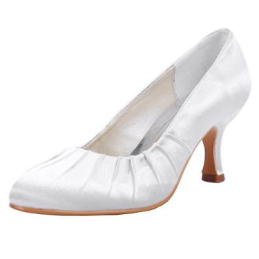 Imagem de Minishion MZ605 Sapato feminino bico fino salto médio noiva casamento noite cetim sapato escarpim, Marfim - salto de 6,5 cm, 6.5