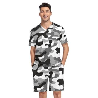 Imagem de KLL Conjuntos de pijama masculino camuflagem militar exército preto branco caça pijama de duas peças pijama manga curta tops e shorts, Camuflagem militar militar, Small