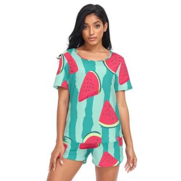 Imagem de KLL Pijama feminino rosa vermelho melancias frutas 2 peças pijama decote O pijama manga curta com bolsos pequeno, Fruta melancia, rosa e vermelho, M