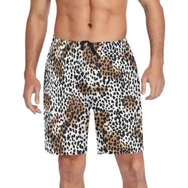 Imagem de CHIFIGNO Shorts de pijama masculino, shorts de pijama para dormir, shorts de treino com bolsos e cordão, Preto, branco, marrom, leopardo, animal, M