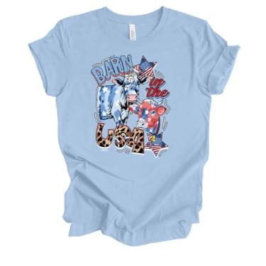 Imagem de Camiseta feminina estampada de manga curta com estampa de celeiro nos EUA, 4 de julho, vermelho, branco e azul, Dia da Independência, Azul bebê, 4G