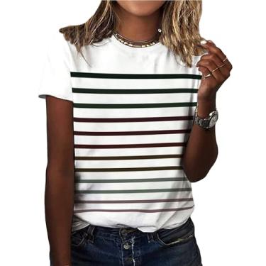 Imagem de Floerns Camisetas femininas casuais listradas, gola redonda, manga curta, camisetas, Branco, creme multi, P