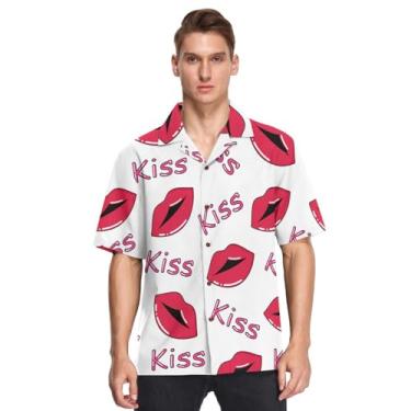 Imagem de Camisetas masculinas havaianas de botão manga curta moda dia dos namorados beijos lábios rosa rabiscos estampados camisas de botones, Valentines Fashion Kisses Lips Pink Doodles, 3G