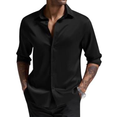 Imagem de Runcati Camisa social masculina de cetim de seda de manga comprida com botões de luxo para festas de negócios, Preto, G