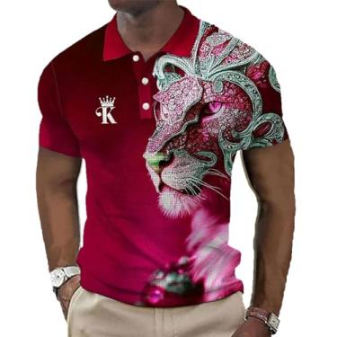 Imagem de Camisa polo masculina de manga curta com estampa de leão animal e design elegante de botão, Zphq65983, M