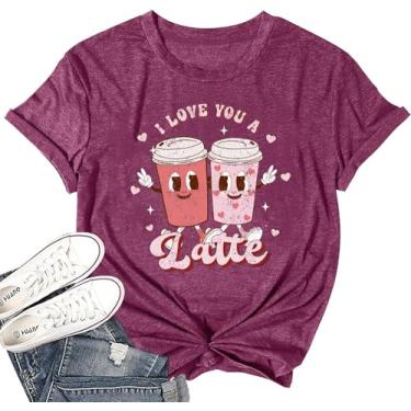 Imagem de SUEOSU Camiseta feminina retrô Love Valentines Day Be Mine Cute Coffee Latte Valentine Aquarela Pink Hearts Graphic Tee., Roxo, vermelho - 3, XXG