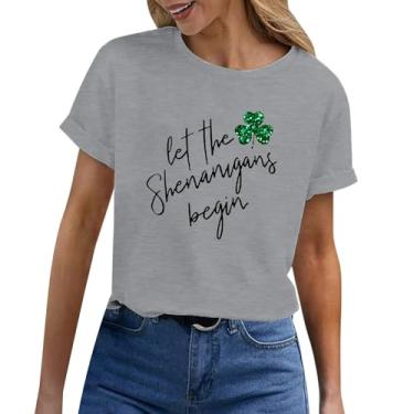 Imagem de Camisetas femininas do Dia de São Patrício com estampa da bandeira irlandesa americana túnica verde gola redonda camiseta de manga curta, Cinza, 3G