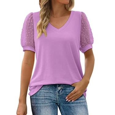 Imagem de Camisetas femininas de malha de manga curta, gola V, plissadas, cor sólida, caimento solto, túnica casual de verão, rosa, XXG