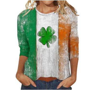 Imagem de Camiseta feminina do Dia de São Patrício com estampa da bandeira irlandesa americana túnica verde manga 3/4, Azul-celeste, 4G