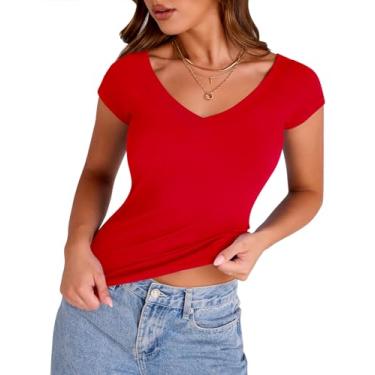 Imagem de VVK Camiseta feminina gola V manga curta slim fit 2024 verão casual malha canelada sexy ombro de fora, Vermelho, P