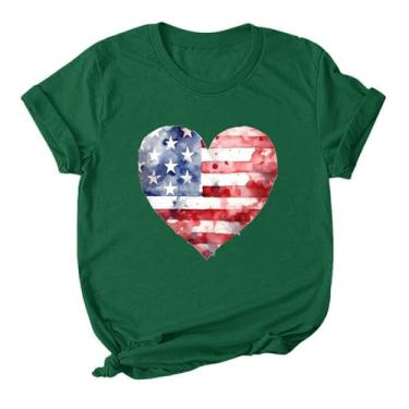 Imagem de Camiseta feminina do Dia da Independência com a bandeira dos EUA, estampa do amor, blusas de 4 de julho, caimento solto, manga curta, Verde, XXG