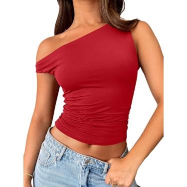 Imagem de Trendy Queen Camisetas femininas com ombros de fora, sem mangas, regatas cropped justas Y2K, roupas de verão 2024, Vermelho, GG