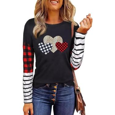 Imagem de jusgai Camiseta feminina dia dos namorados leopardo listrado manga raglans camiseta estampa coração búfalo xadrez, Preto - 3, M