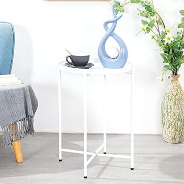Imagem de PENNY73 Bandeja de metal redonda mesa lateral pequena dobrável mesa de centro para ambientes externos e internos para pequenos espaços, quarto, pátio, branca