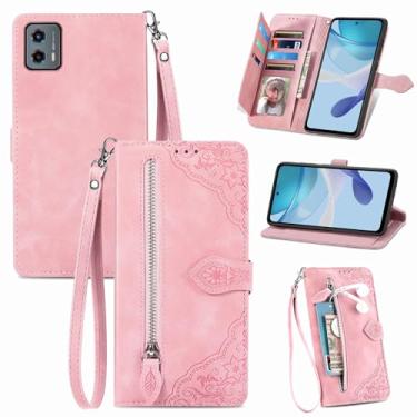 Imagem de Furiet Capa carteira compatível com Motorola Moto G 5G 2023 com alça de pulso e suporte de cartão flip de couro, acessórios de celular, capa de celular para mulheres G5G G5 rosa