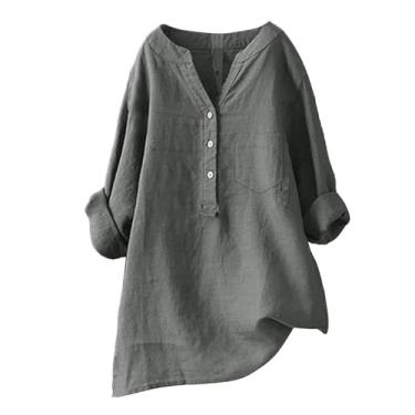 Imagem de Camiseta feminina de linho Henley Pocket Blusas Plus Size manga longa cor sólida verão túnica, Cinza, 4G