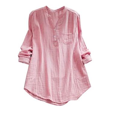 Imagem de Camiseta feminina de linho manga 3/4 Henley bolso túnica cor sólida plus size camiseta verão, Vermelho, G