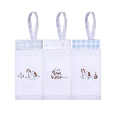 Imagem de Pano Paninho Toalha Toalhinha de Boca Bordado Para Bebê Menino Menina Com Prendedor de Chupeta, 40x40cm, Algodão, Conjunto com 3 Unidades (CAVALO DE MADEIRA)