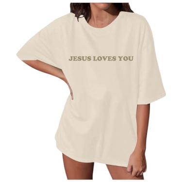 Imagem de Camiseta feminina Love Her Mama Loves Jesus Jesus com estampa de letras, leve, ajuste relaxado, roupa de Jesus moderna para mulheres, 01-bege, P