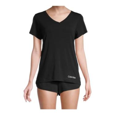 Imagem de Calvin Klein Conjunto de camiseta e shorts femininos confortáveis com decote em V, Preto, G