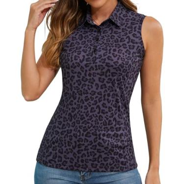 Imagem de Casei Camisetas polo femininas de golfe sem mangas FPS 50+ secagem rápida com gola regata atlética, Estampa de leopardo preto, M