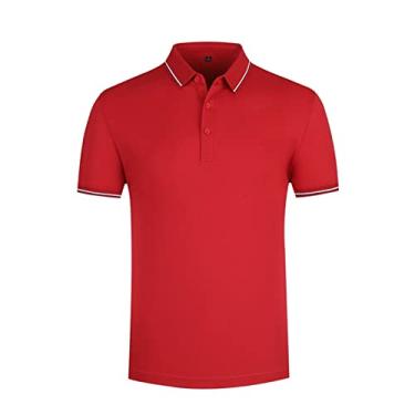 Imagem de Polos de golfe masculinos, cor sólida, gola listrada, camisa esportiva de poliéster, ajuste fino, leve, ajuste regular, verão, respirável(Color:Red,Size:XL)