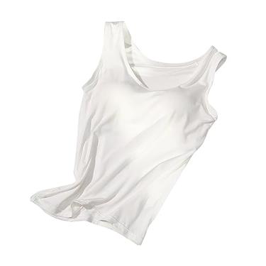Imagem de Regatas femininas com sutiã embutido acolchoado alça larga camiseta verão básica lisa ioga atlética casual colete elástico, Branco, M