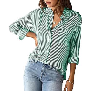 Imagem de Camisas femininas com botões listradas clássicas top boyfriend para escritório casual(Color:Green,Size:Small)