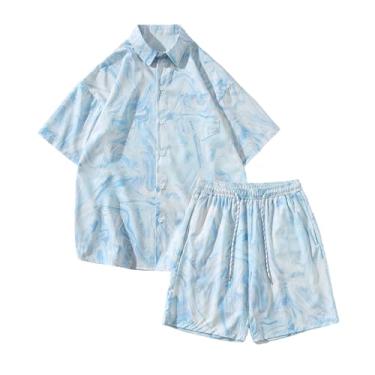 Imagem de Terno masculino de manga curta para praia, camisa solta de seda, casual, secagem rápida, shorts havaianos, Azul, Large