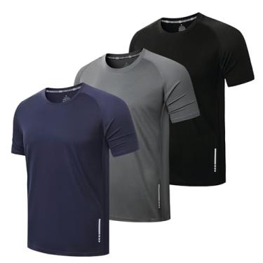 Imagem de ZENGVEE Pacote com 3 camisetas masculinas de malha atlética de malha com absorção de umidade e ajuste seco, Preto, cinza, azul marinho, P