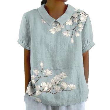 Imagem de Camisetas femininas de linho com lapela e gola V, retrô, floral, estampada, verão, casual, manga curta, túnicas para sair, Z1 - Azul escuro, M