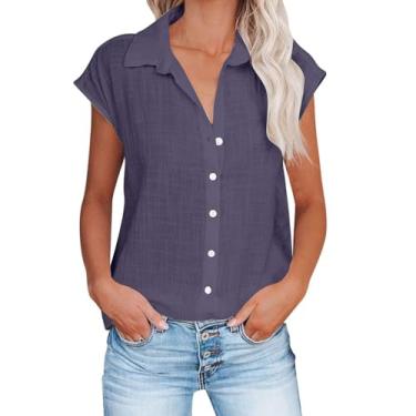 Imagem de Camiseta feminina de linho, cor sólida, manga cavada, gola V, abotoada, macia, respirável, tops de verão, Cinza escuro, M