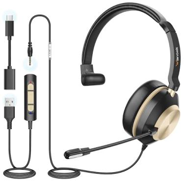 Imagem de Wantek Fone de ouvido USB com microfone, conector Tipo-c/USB/3,5 mm, fones de ouvido 3 em 1 para PC, fones de ouvido monofônicos, com cancelamento de ruído e controle de volume para Call Centers,