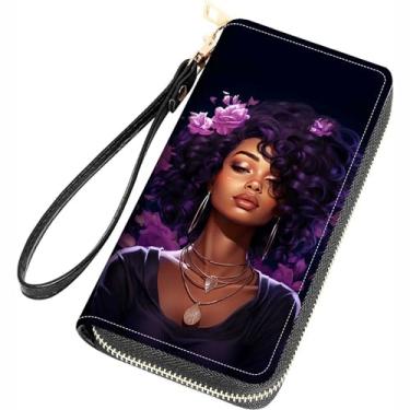 Imagem de FQTBCEARI Carteira feminina com estampa de Filipenses 4 a 13 com citações cruzadas de couro PU com zíper bolsa clutch para smartphone/cartão/moeda/dinheiro, African American Girl