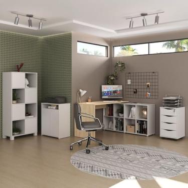 Imagem de Kit Completo 4 Itens com Escrivaninha em L, Gaveteiro 4 Gavetas, Estante e Armário Multiuso Baixo Branco com Carvalho