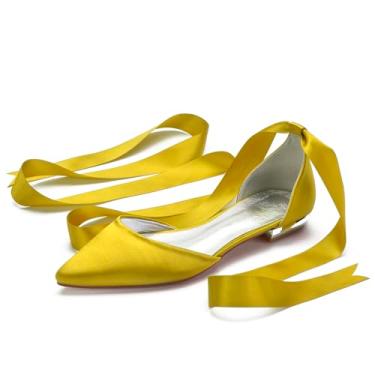 Imagem de ottspu Sapatilhas femininas de casamento com bico fino para noiva confortáveis sapatos de casamento de salto baixo sapatos de noiva sapatos de festa de formatura para noite, Amarelo, 38