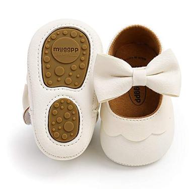Imagem de HsdsBebe tênis infantil para meninas Mary Jane com laço antiderrapante sola macia princesa primeiro andador sapatos de casamento, B/branco, 0-6 Months Infant