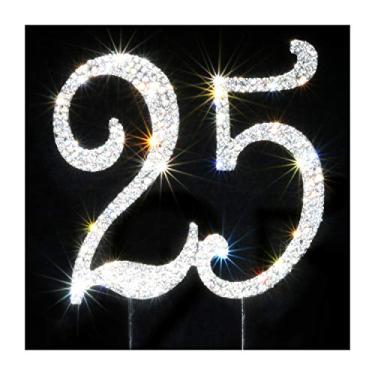 Imagem de 25 Topper de bolo | Pedras de diamante de strass brilhantes premium | Ideias de decoração de festa de aniversário de 50 anos ou aniversário | Liga de metal de qualidade | Lembrança perfeita