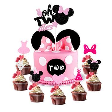 Imagem de Conjunto de 29 topos de bolo e cupcake Minnie Inspried "Oh Twodles", lembrancinhas de festa de aniversário Minnie Girl com glitter para decorações de festa de chá de bebê