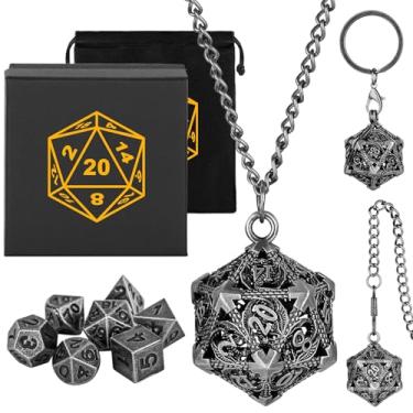 Imagem de Mini DND Dice Set with Portable Keychain Necklace Pocket Chain Hollow D20 Dragon Metal Cage, Tiny 7pcs Polyhedral Metal D&D Dice Set, DND Gifts with Gift Box, Role Playing Board Games Accessories