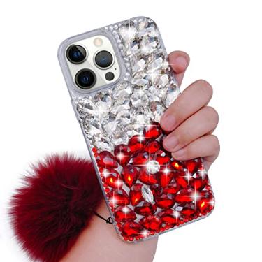 Imagem de Losin Capa compatível com iPhone 14 Pro Max Bling Diamond Strass Fashion Luxury 3D Glitter Sparkle Crystal Gemstone Cover Cute Fur Plush Ball Pendant Cover para mulheres e meninas