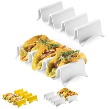 Imagem de MISSYSSIM Suportes de taco, bandeja grande de porcelana para tacos com alças, reutilizável e empilhável, perfeito para burritos e tortilhas. Pegas seguras para forno, micro-ondas e lava-louças,