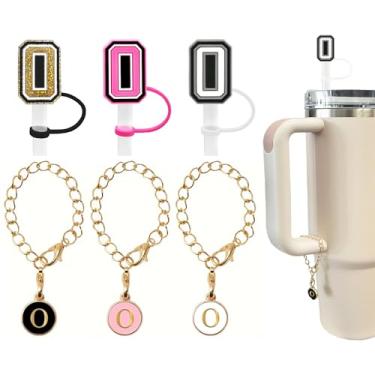 Imagem de (3 +3) 3 peças Stanley Tumbler Cup Straw Cover 10 mm reutilizável tampa de palha topper com 3 pingentes de letra inicial acessórios nome ID alça personalizada charme para copo Stanley Copo de 30 & 4