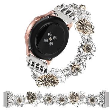 Imagem de Pulseiras de metal elástico compatíveis com Samsung Galaxy Watch Active 2 de 40 mm e 44 mm/Active 40 mm/Galaxy Watch 3 de 41 mm/42 mm/Gear S2/Galaxy Watch 5 4 de 20 mm (média, flor dourada prateada)